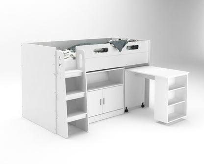 Kudl Mid Sleeper with Desk and Storage - White