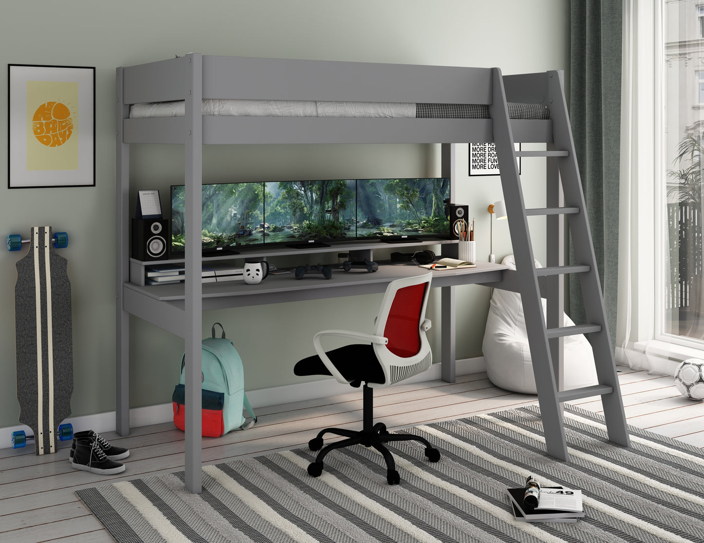 Kids Avenue Estella Grey High Sleeper with Gaming Desk