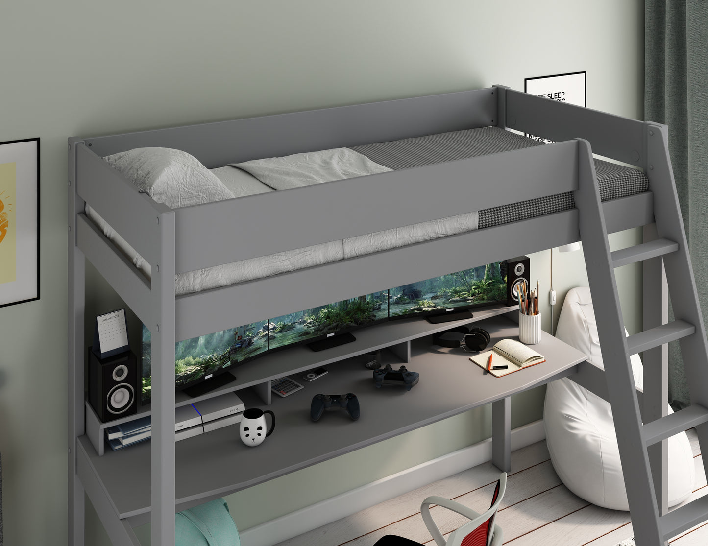 Kids Avenue Estella Grey High Sleeper with Gaming Desk