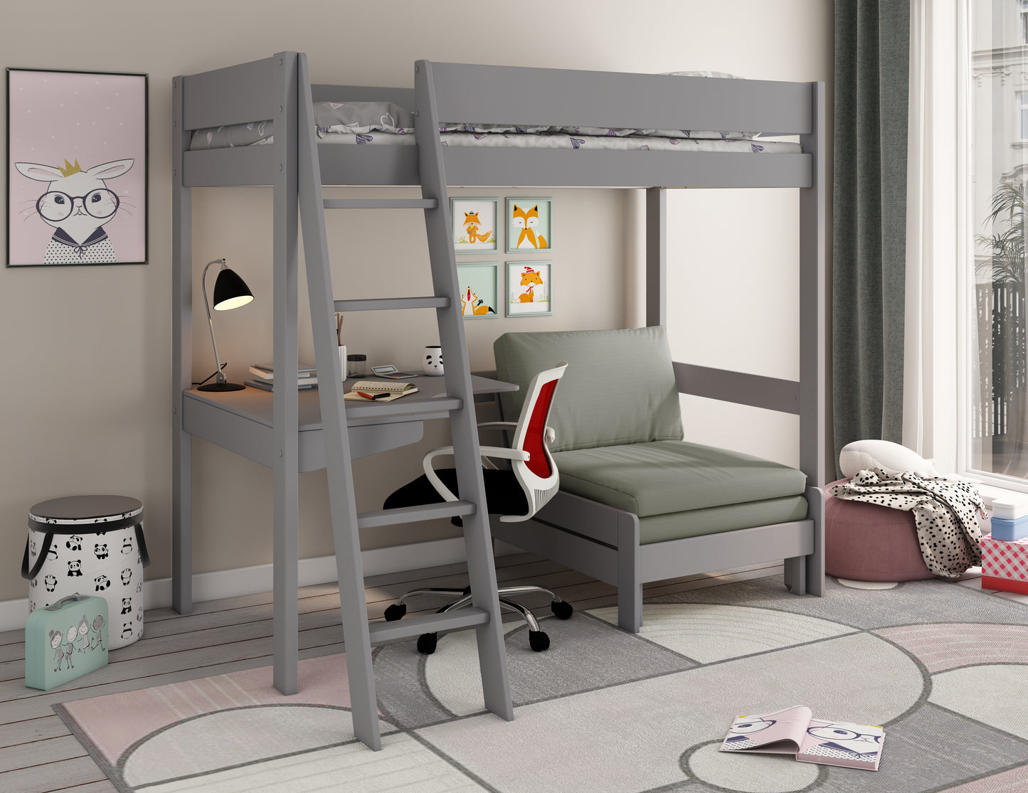 Kids Avenue Estella Grey High Sleeper with Desk and Sofabed