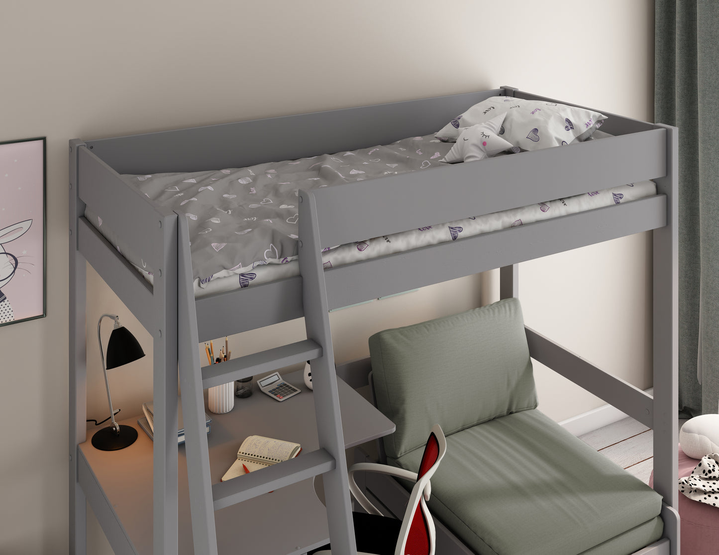 Kids Avenue Estella Grey High Sleeper with Desk and Sofabed