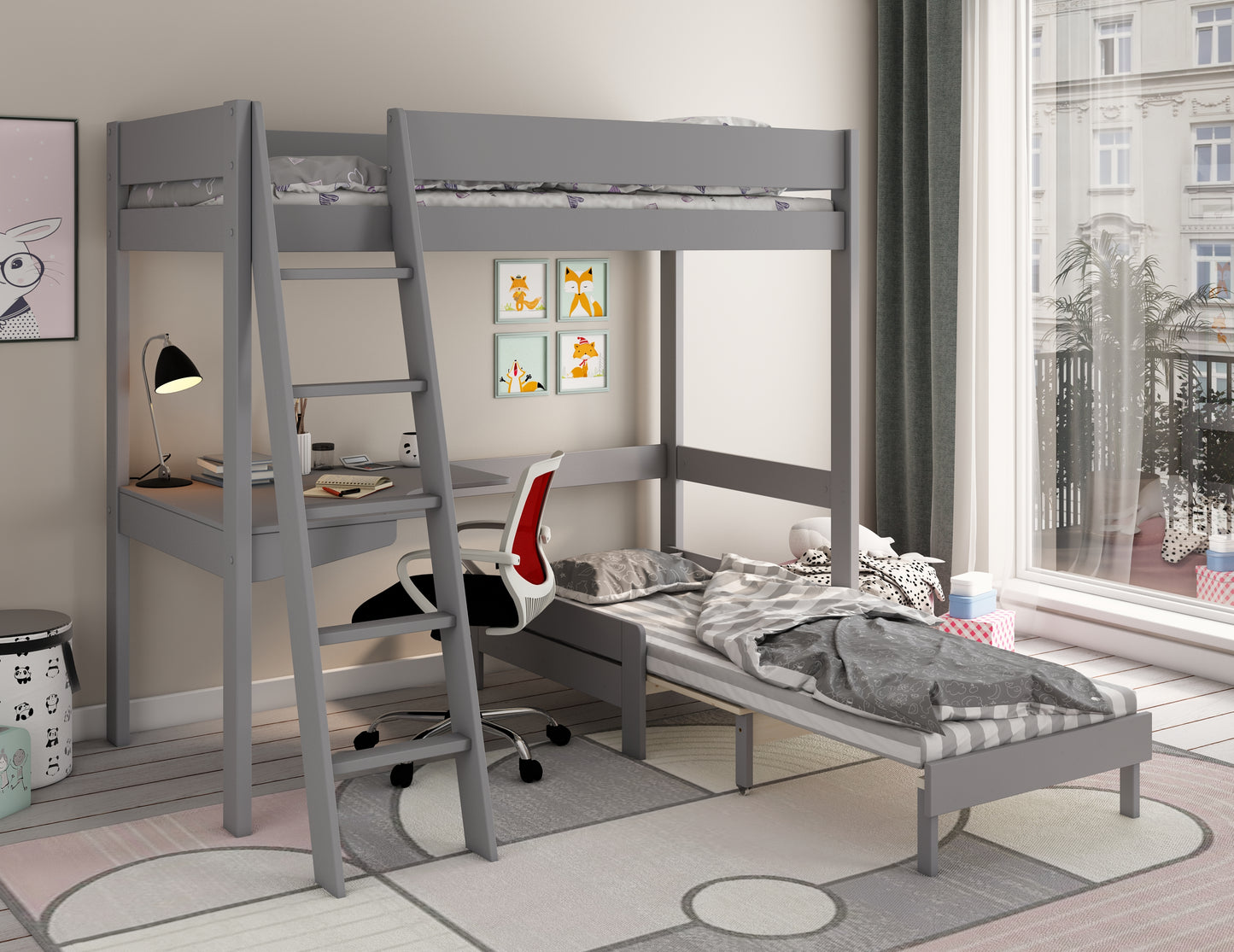 Kids Avenue Estella Grey High Sleeper with Desk and Sofabed