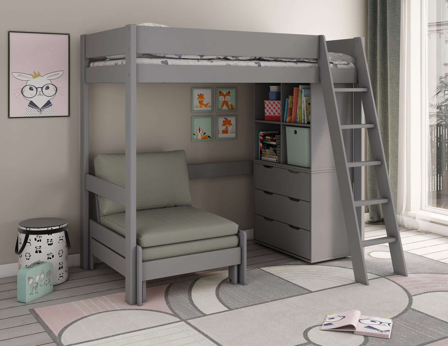 Kids Avenue Estella Grey High Sleeper with Storage and Sofabed