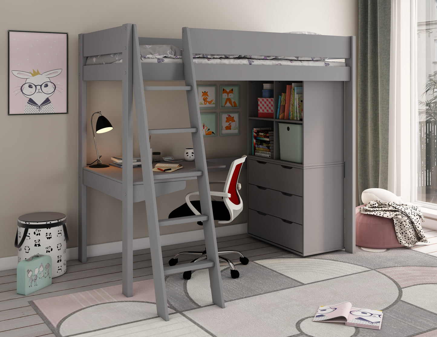 Kids Avenue Estella Grey High Sleeper with Desk and Storage