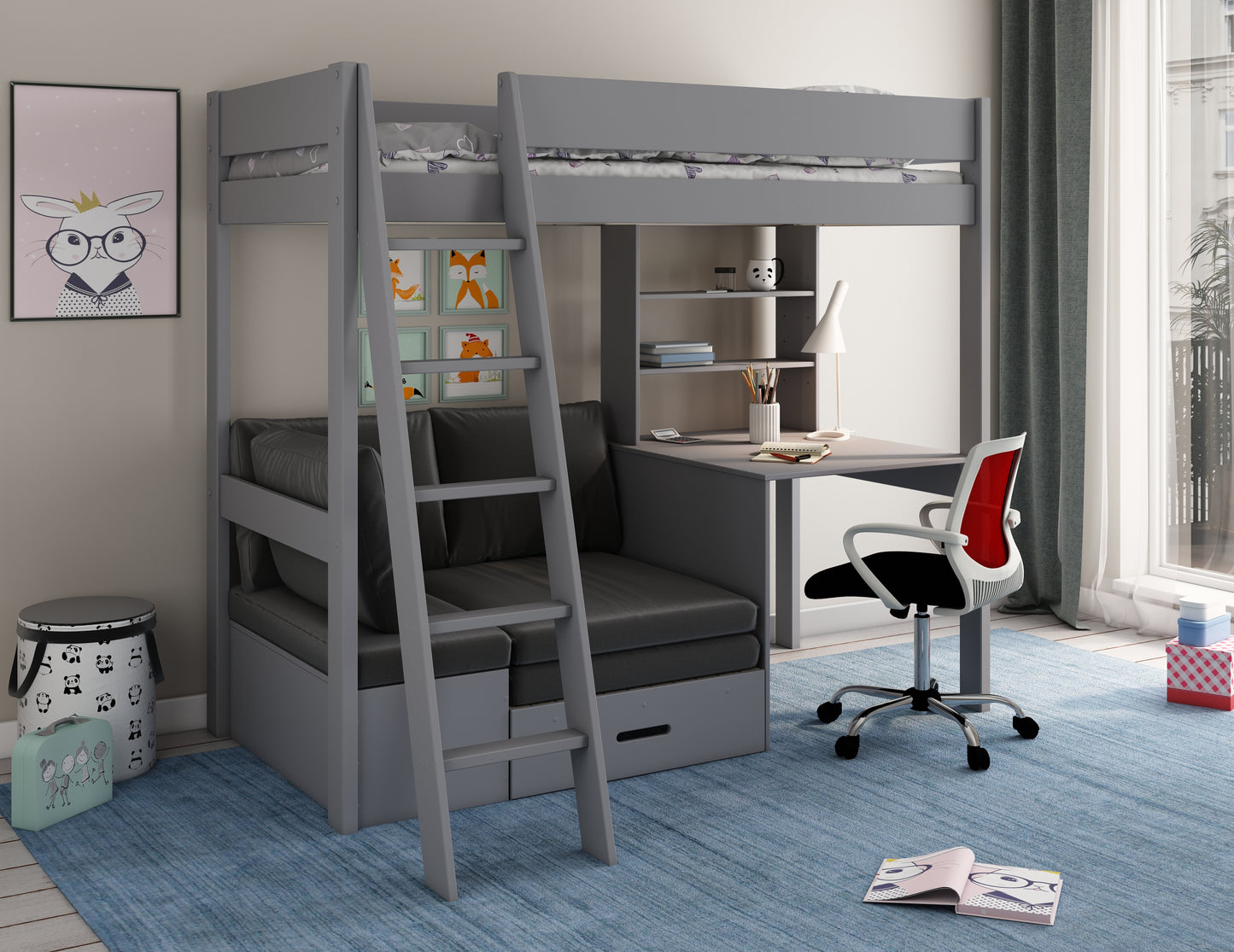 Kids Avenue Estella Grey High Sleeper with Desk and Futon