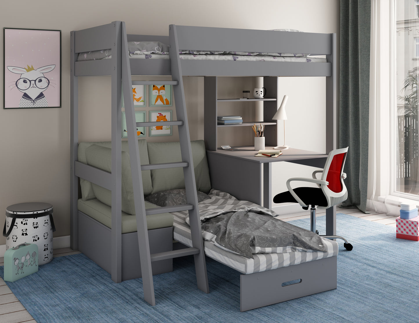 Kids Avenue Estella Grey High Sleeper with Desk and Futon