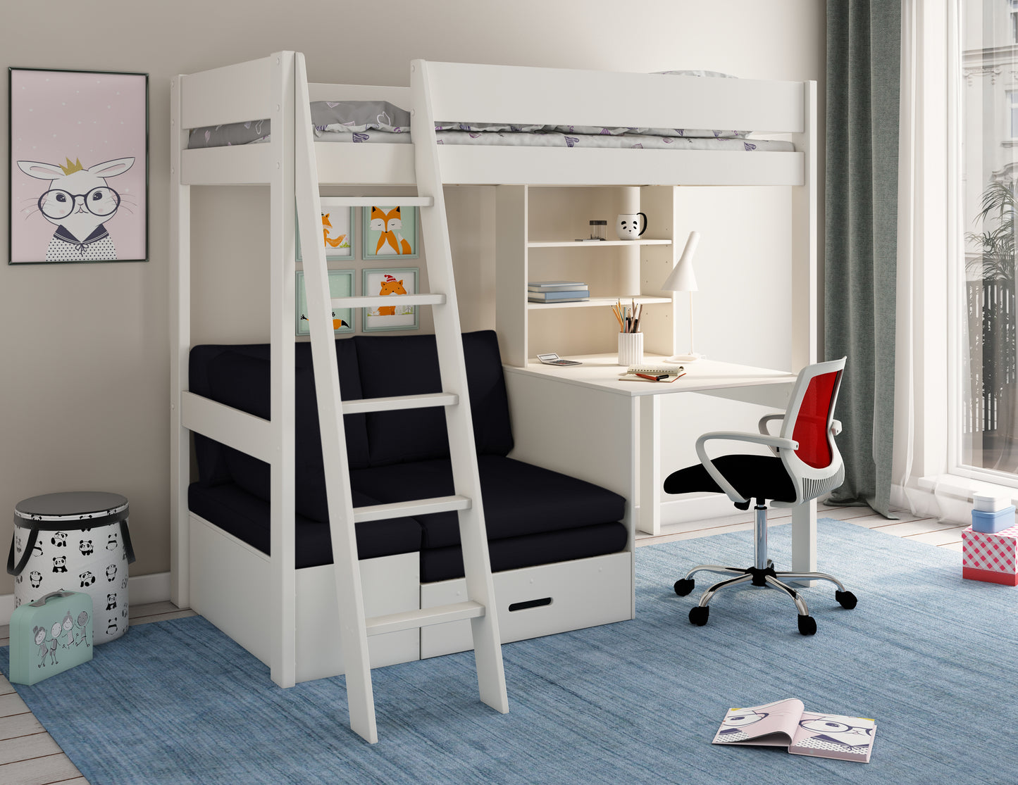 Kids Avenue Estella White High Sleeper with Desk and Futon