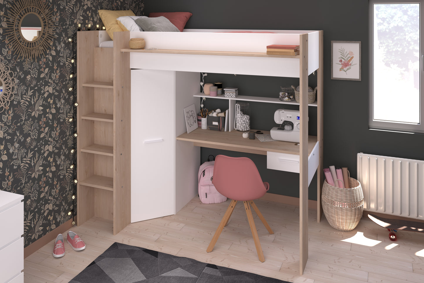 Parisot Grayson Oak High Sleeper with Desk and Wardrobe