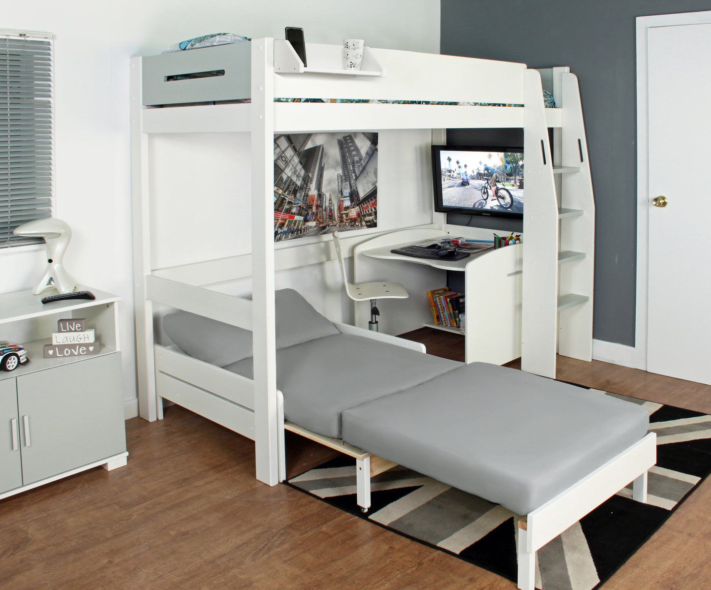 Kids Avenue Urban White and Grey High Sleeper with Desk and Sofabed