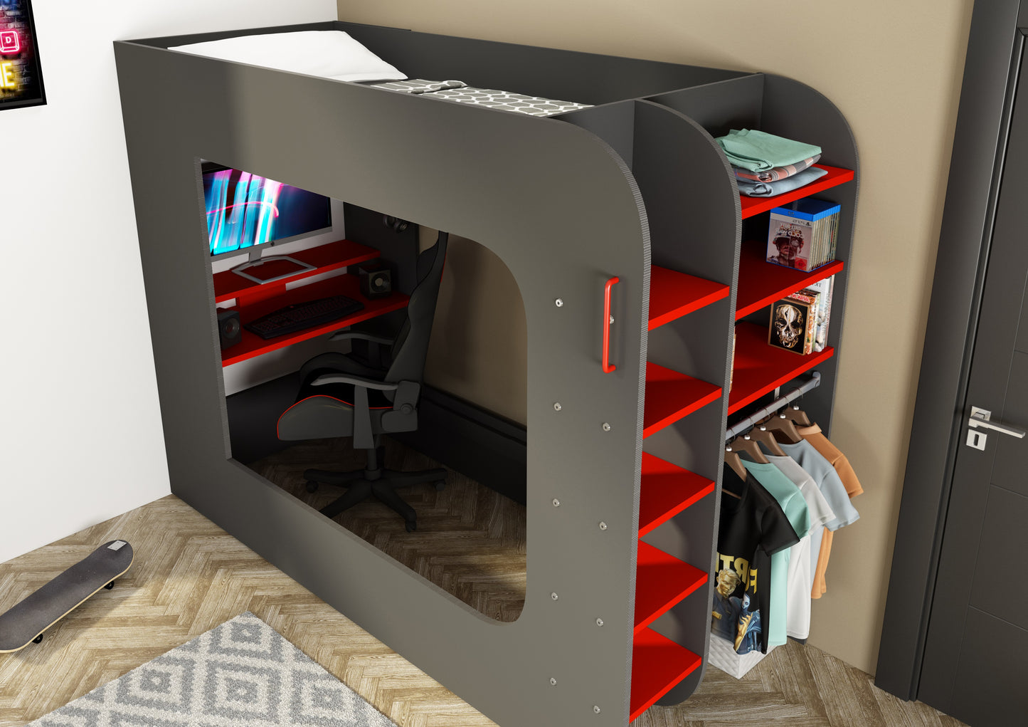 Trasman Loftpod Solo 1 Gaming Bed with Desk and Storage