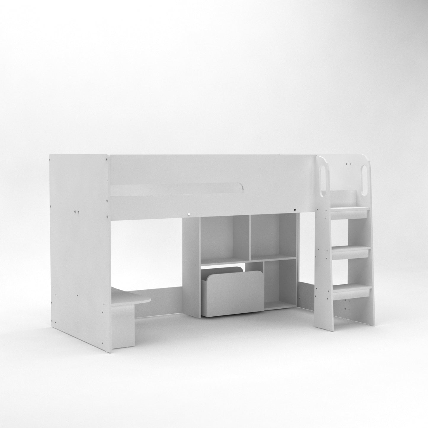 Kudl Mid Sleeper with Desk, Bookcase and Toybox - White