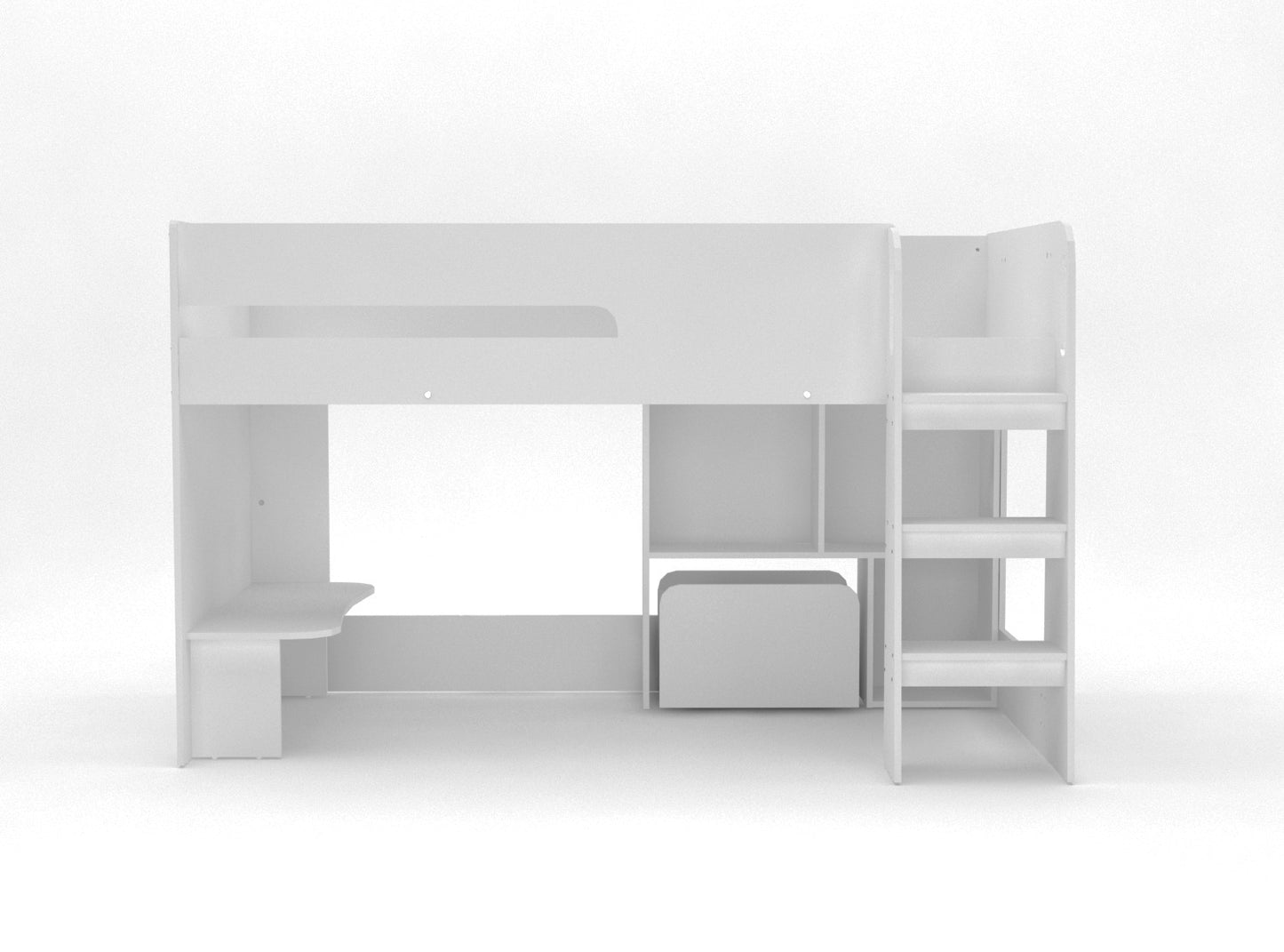 Kudl Mid Sleeper with Desk, Bookcase and Toybox - White