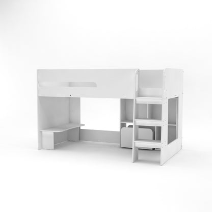 Kudl Mid Sleeper with Desk, Bookcase and Toybox - White