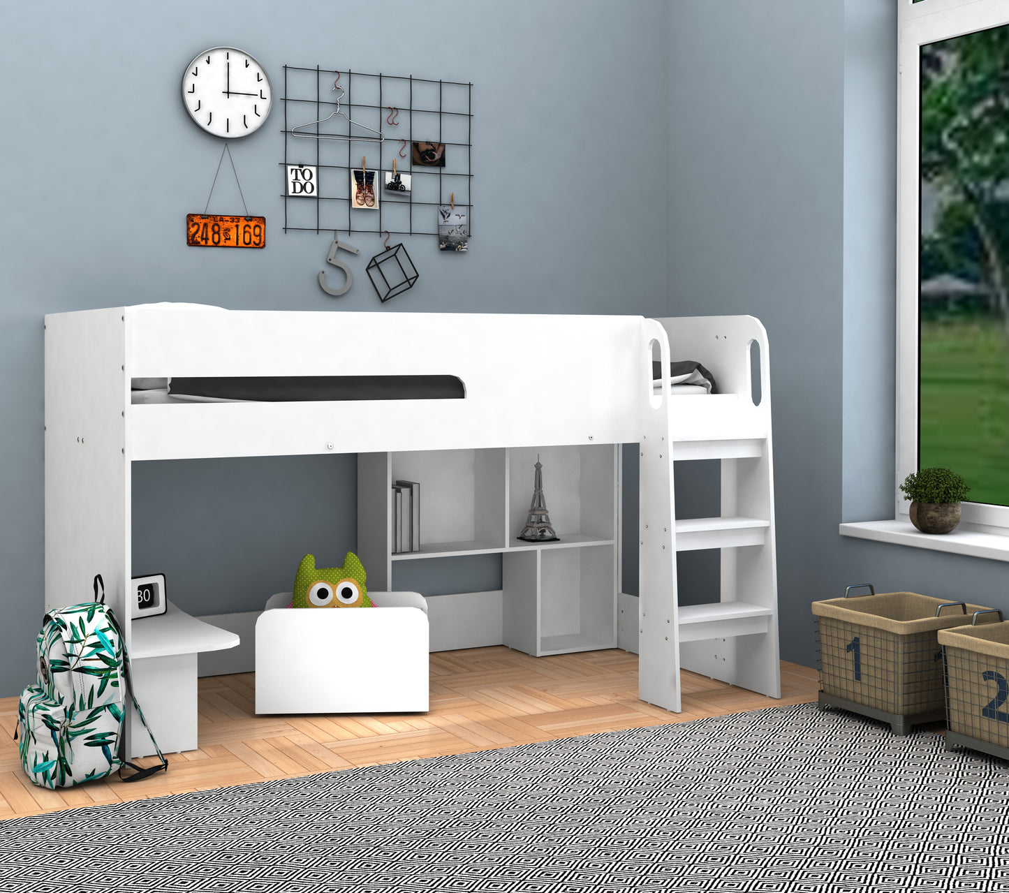 Kudl Mid Sleeper with Desk, Bookcase and Toybox - White