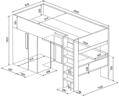 Trasman Mont Blanc High Sleeper with Desk and Wardrobe