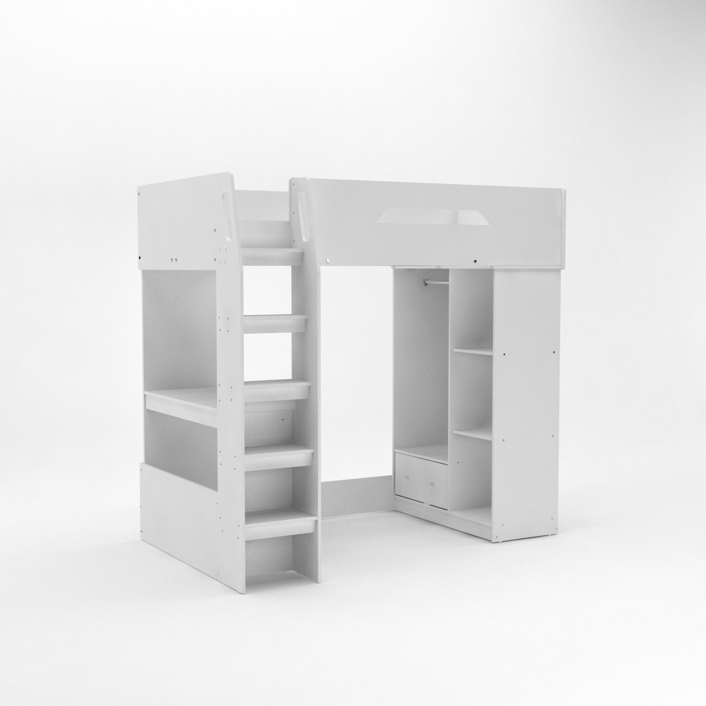 Kudl High Sleeper with Desk Storage and Hanging Area - White