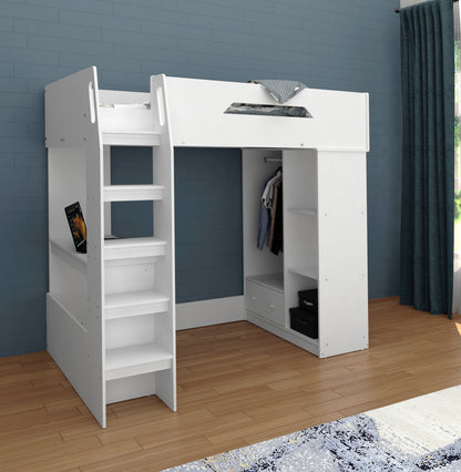 Kudl High Sleeper with Desk Storage and Hanging Area - White