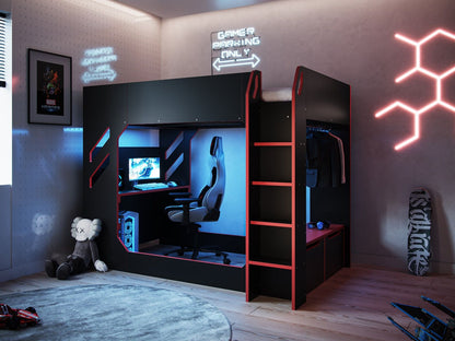 A modern and cozy gamer's bedroom with a sleek black and red Recoil Shuttle LED Gaming High Sleeper Small Double setup, ambient lighting, and themed decor.