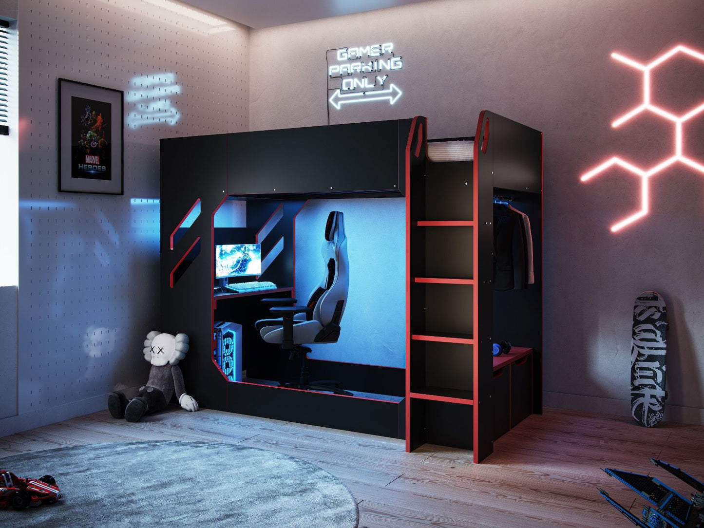 A modern gaming setup in a stylish room with neon lights and cozy decor, complete with a high-end gaming chair, multiple monitors, and a Recoil Shuttle LED Gaming High Sleeper Single made of particle board, alongside themed decorations.