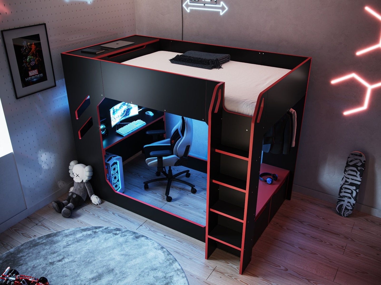 Compact and stylish gaming setup featuring a Recoil Shuttle LED Gaming High Sleeper Small Double, cozy chair, computer on the desk, and decorative LED lights, creating an immersive and personalized corner for relaxation and play.