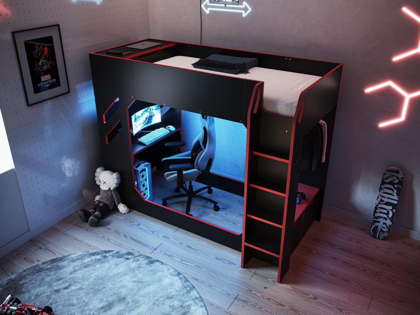 Compact and modern Recoil gaming bed setup with a Recoil high sleeper integrating a cozy workstation below, featuring LED lighting accents and surrounded by trendy room decor.