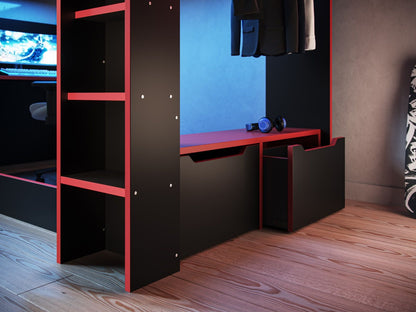 A sleek and modern Recoil gaming station featuring a vibrant blue backlight, a black and red Recoil shelving unit with a Recoil high sleeper bed above, and high-quality Recoil gaming headphones resting on the surface.