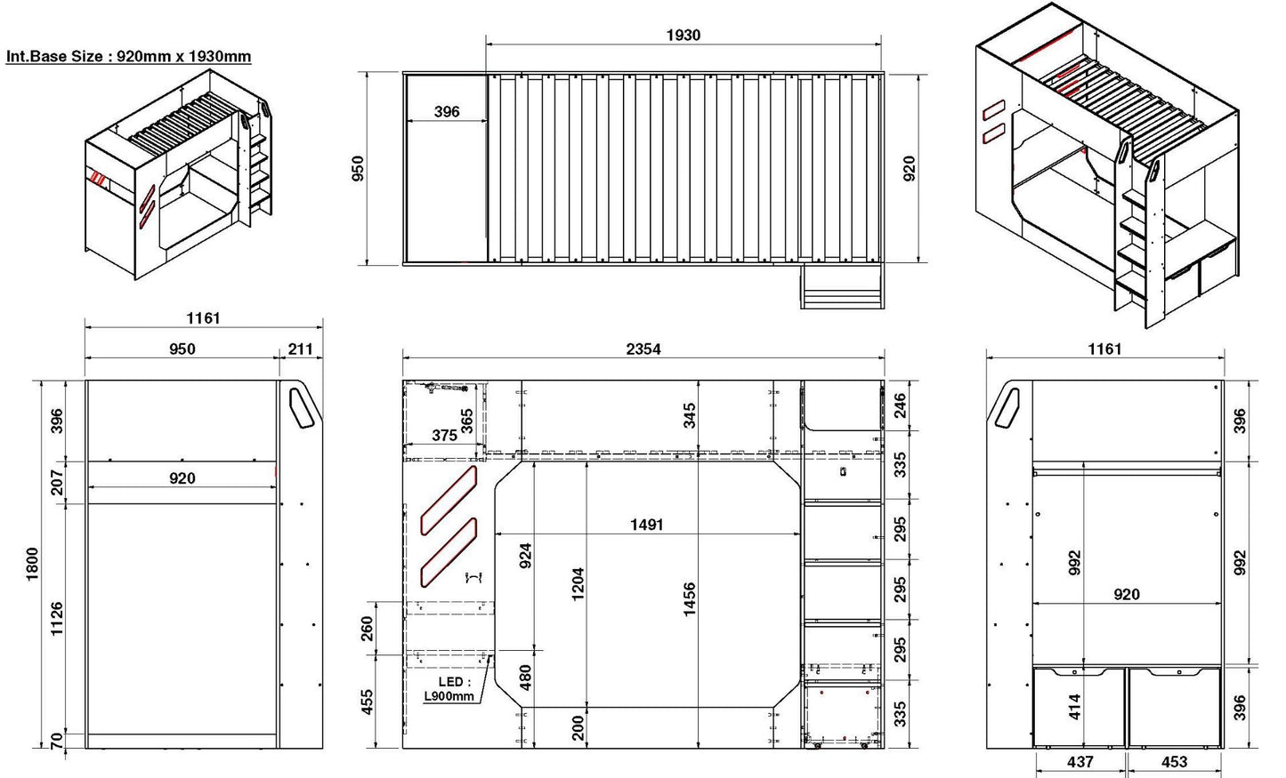 Technical blueprint of a Recoil Shuttle LED Gaming High Sleeper Single conversion with detailed dimensions and layout design, featuring ample storage.