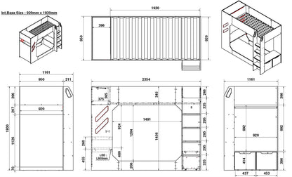 Technical blueprint of a Recoil Shuttle LED Gaming High Sleeper Single conversion with detailed dimensions and layout design, featuring ample storage.