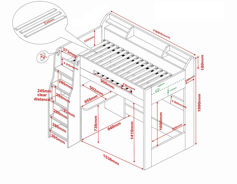 Technical illustration of a multi-functional Flair Cosmic L Shaped Bunk Bed with Shelving with detailed dimensions labeled in millimeters.