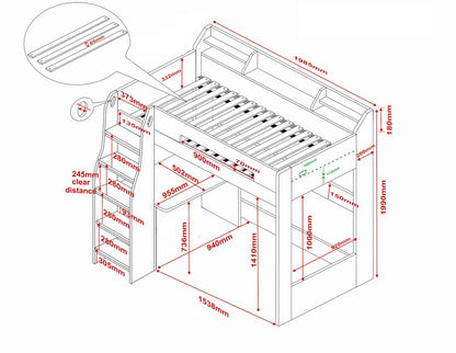 Technical illustration of a multi-functional Flair Cosmic L Shaped Bunk Bed with Shelving with detailed dimensions labeled in millimeters.