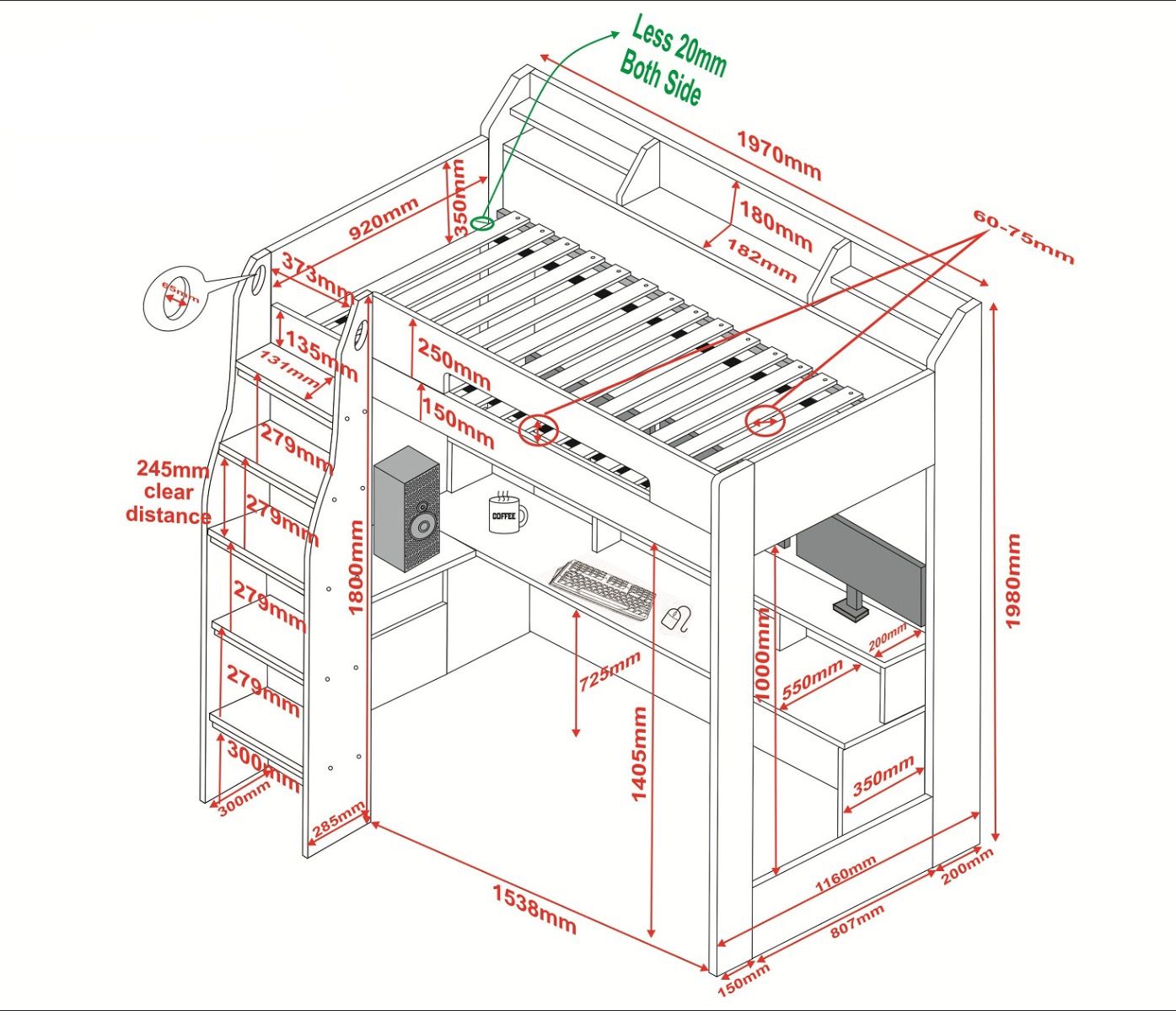 Technical drawing of a Flair Furnishings Skyhigh Gaming High Sleeper Anthracite with detailed dimensions and annotations indicating size, distances, and special features such as under-bed desk, shelving, and storage options.