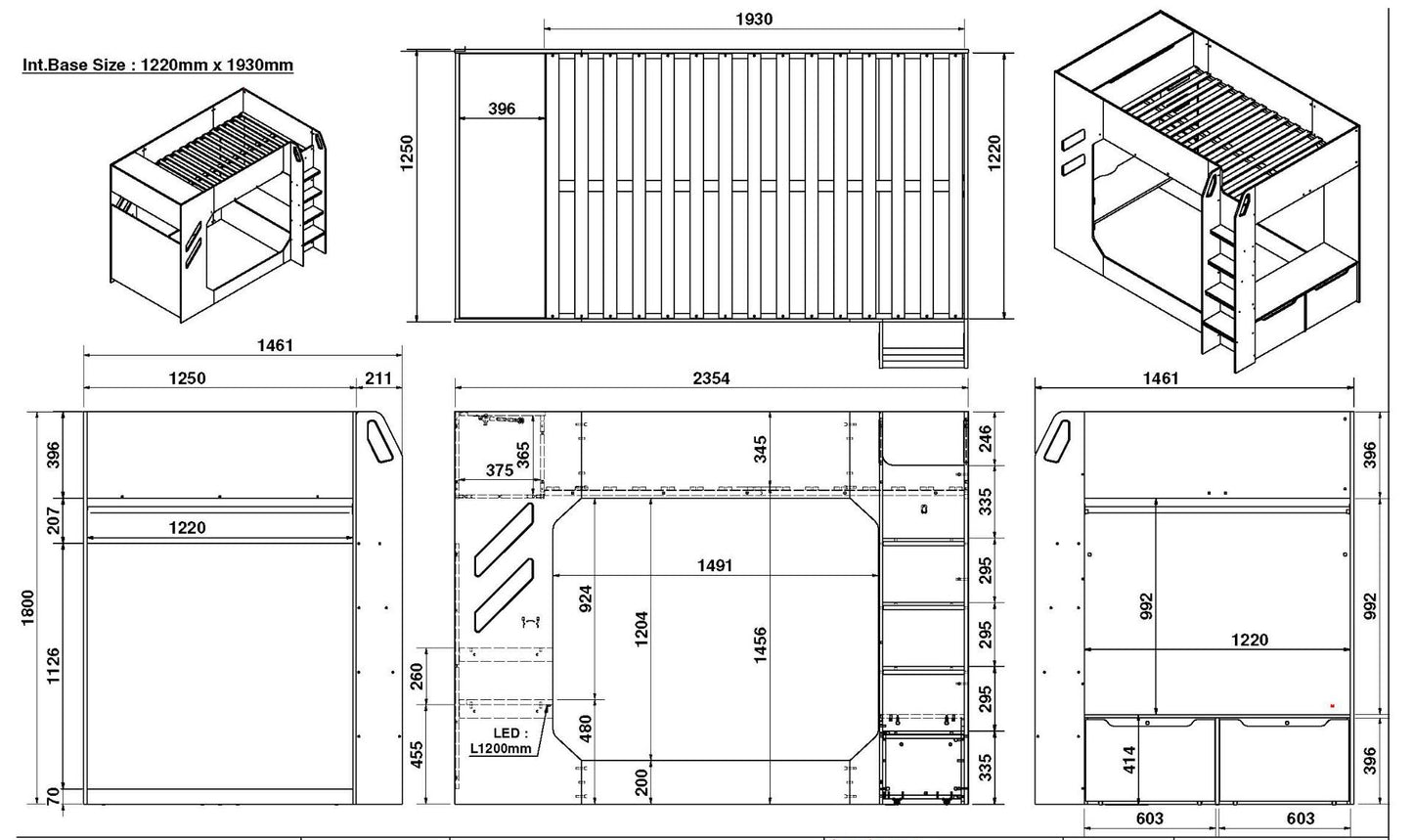 Technical blueprint of a Recoil Shuttle LED Gaming High Sleeper Small Double, featuring multiple views and dimensions.