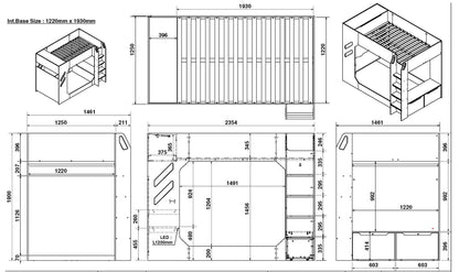 Technical blueprint of a Recoil Shuttle LED Gaming High Sleeper Small Double, featuring multiple views and dimensions.