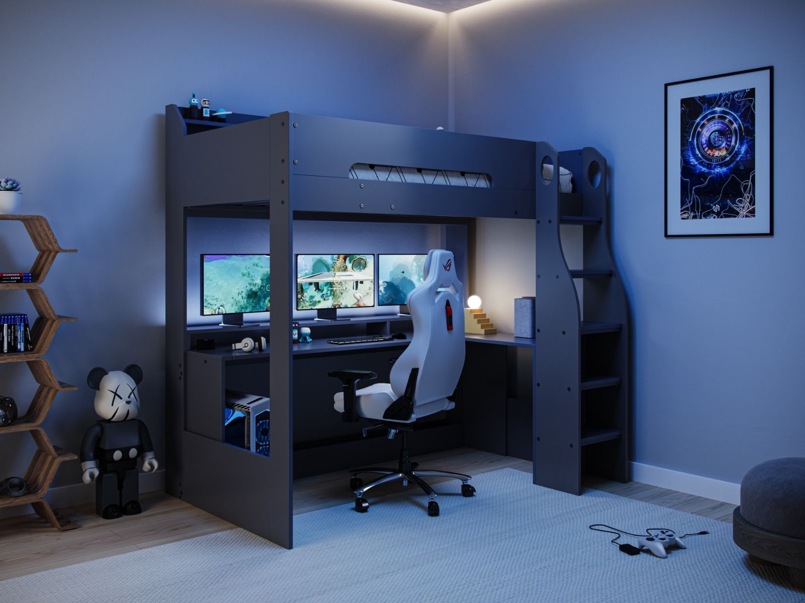 A modern and cozy gaming setup with a Flair Furnishings Skyhigh Gaming High Sleeper Anthracite, featuring a large multi-monitor display, an ergonomic chair, and ambient lighting in a clean, organized room.