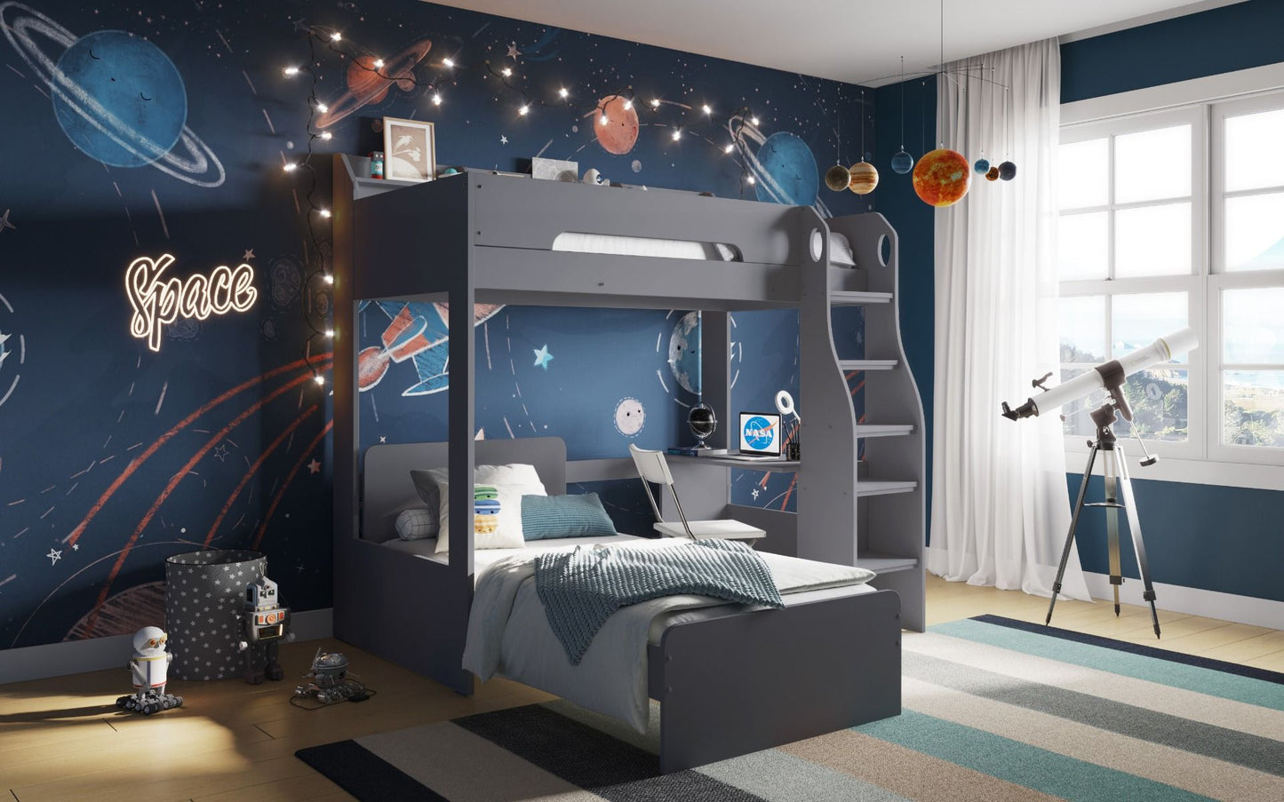 A cozy and imaginative children's bedroom with a space theme, featuring the Flair Cosmic L Shaped Bunk Bed with Shelving, a telescope by the window, and a vibrant wall mural of planets and stars.