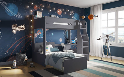 A cozy and imaginative children's bedroom with a space theme, featuring the Flair Cosmic L Shaped Bunk Bed with Shelving, a telescope by the window, and a vibrant wall mural of planets and stars.