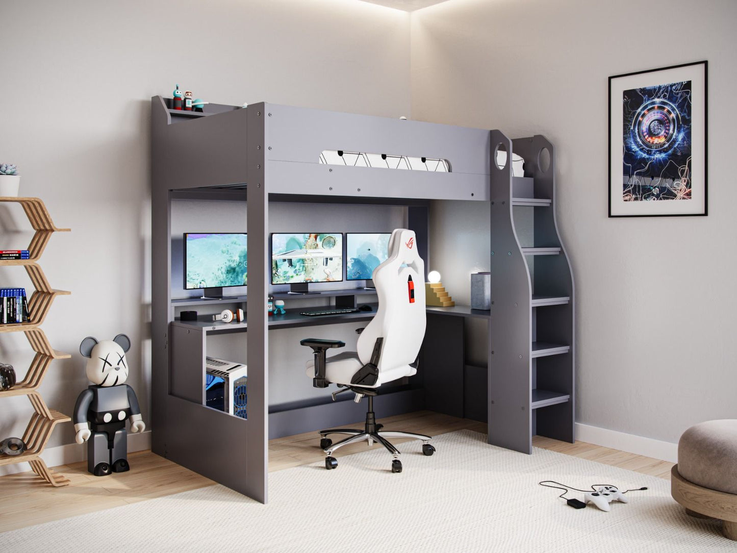 A modern and cozy gaming setup complete with a Flair Furnishings Skyhigh Gaming High Sleeper Anthracite, an under-bed desk, an ergonomic chair, multiple monitors, gaming accessories, and decorative elements creating an ideal environment for a gaming enthusiast.