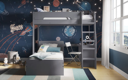 A cozy and stylish children's bedroom with a space-saving theme, featuring a Flair Cosmic L Shaped Bunk Bed with Shelving, a starry wallpaper, and celestial decorations, designed to inspire dreams of cosmic adventure.