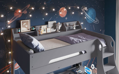 A cozy and imaginative space-themed child's bedroom with a decorated wall featuring planets and stars, a Flair Cosmic L Shaped Bunk Bed with Shelving with galactic bedding, and a selection of space-related toys and decorations.