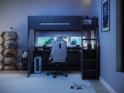 A modern and sleek gaming setup featuring a Flair Furnishings Skyhigh Gaming High Sleeper Anthracite with an under-bed desk, a high-end gaming chair, and thematic decorations, creating an immersive environment for the avid gamer.