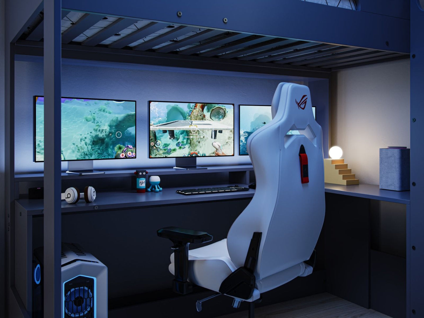 A modern gaming setup featuring a Flair Furnishings Skyhigh Gaming High Sleeper Anthracite with an under-bed desk and ambient lighting, a high-end gaming chair and computer, providing an immersive experience.