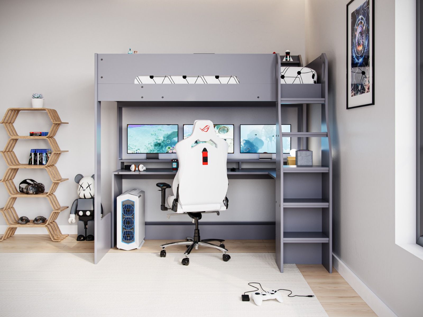 A modern and neatly organized gaming setup featuring a dual monitor computer, an ergonomic chair, and stylish shelving with decorative items, all tucked efficiently under a Flair Furnishings Skyhigh Gaming High Sleeper Anthracite to maximize storage options, creating an inviting atmosphere.