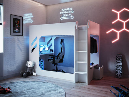 A modern and stylish gaming setup in a teenager's room with cool LED lighting, featuring a Recoil Shuttle LED Gaming High Sleeper Single bed with dedicated spaces for relaxation and play.