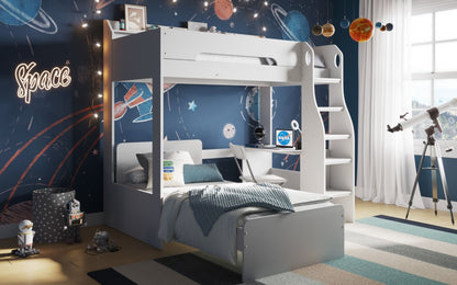 A cozy and inspiring children's bedroom with a space theme, featuring the Flair Cosmic L Shaped Bunk Bed with Shelving, planets hanging from the ceiling, a telescope, and starry wall decorations.