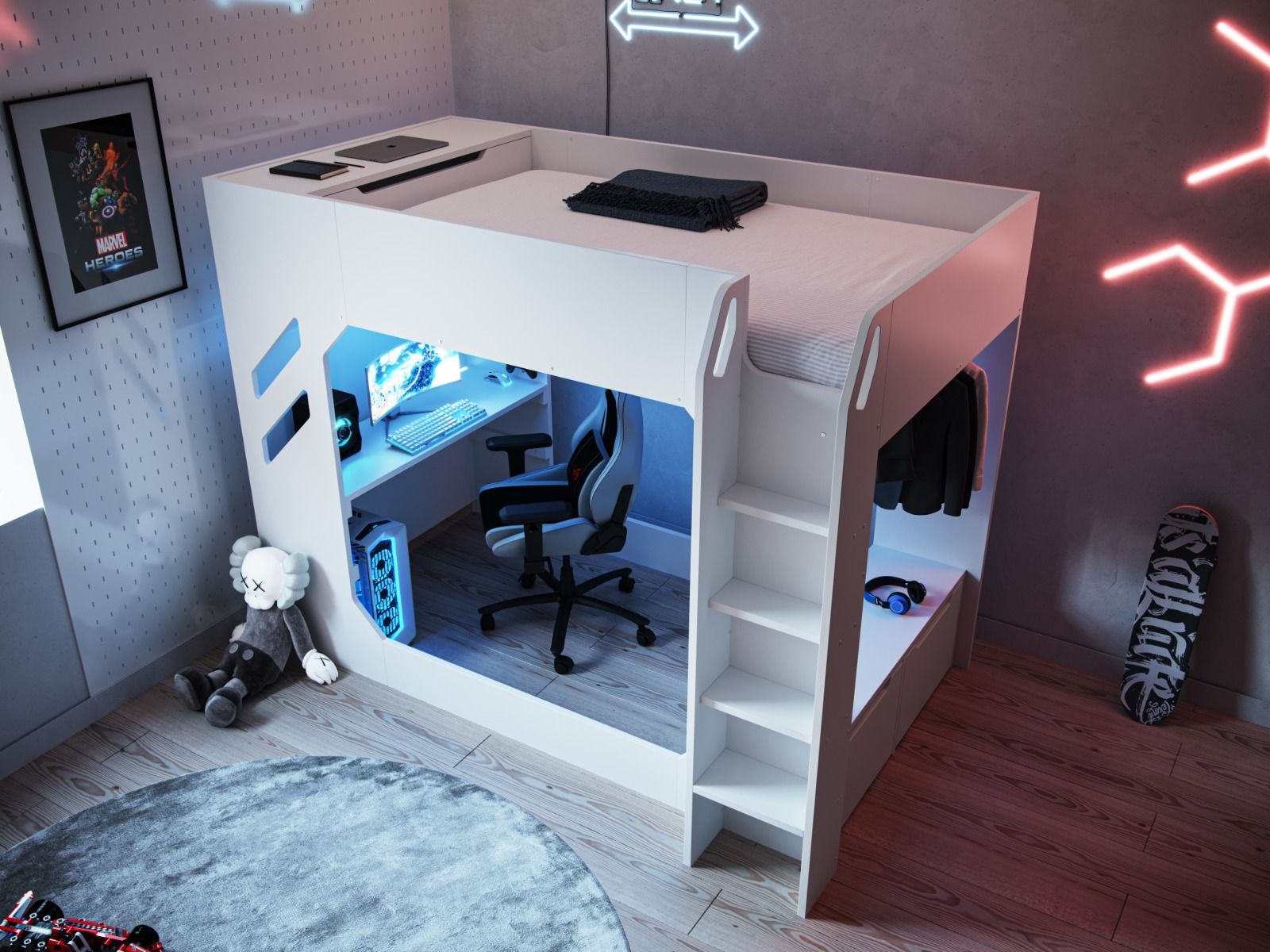 Modern and compact bedroom design with a Recoil Shuttle LED Gaming High Sleeper Small Double, integrated desk and shelving, featuring LED lighting accents and cozy decor.