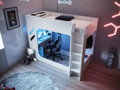 Recoil Shuttle LED Gaming High Sleeper Single by Recoil, featuring an integrated desk space, stylish neon lights, and cozy ambiance.