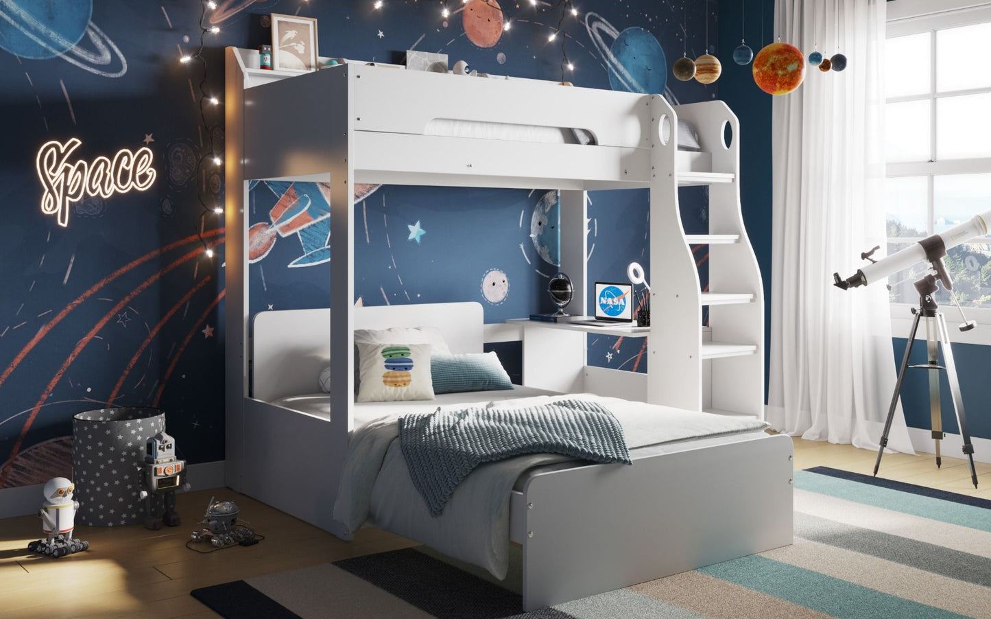 Flair Cosmic L Shaped Triple Bunk Bed with Shelving and Desk