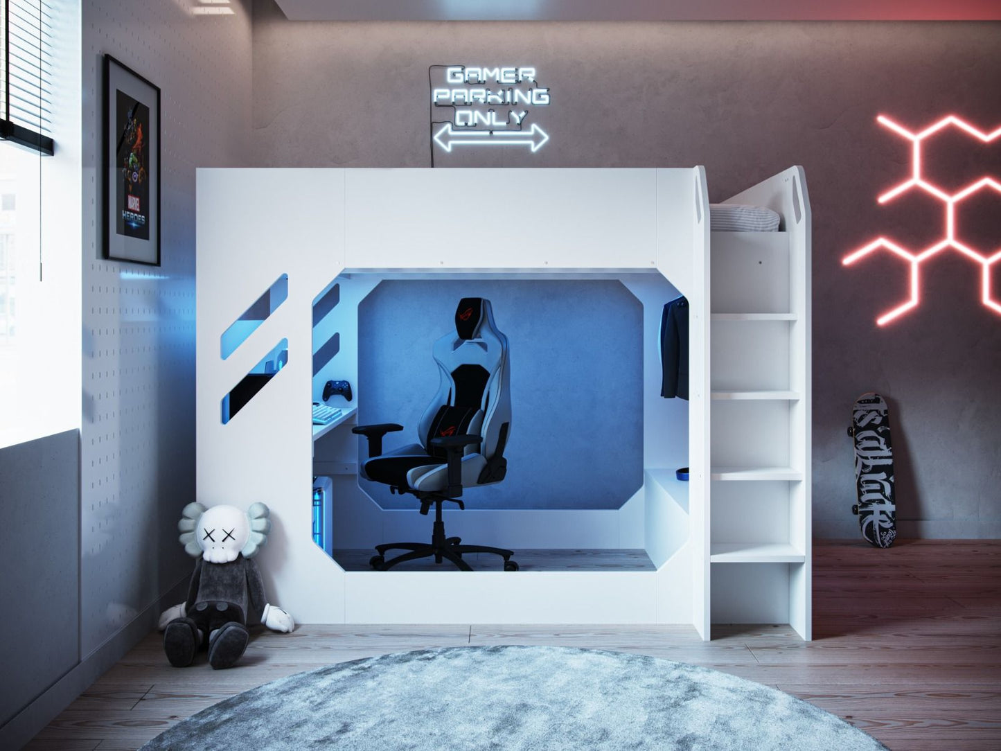 A sleek and modern gaming setup featuring a cozy cubicle-style space, illuminated by Recoil Shuttle LED Gaming High Sleeper Small Double lights emphasizing the 'gamer only' zone; a perfect retreat for any video game enthusiast.