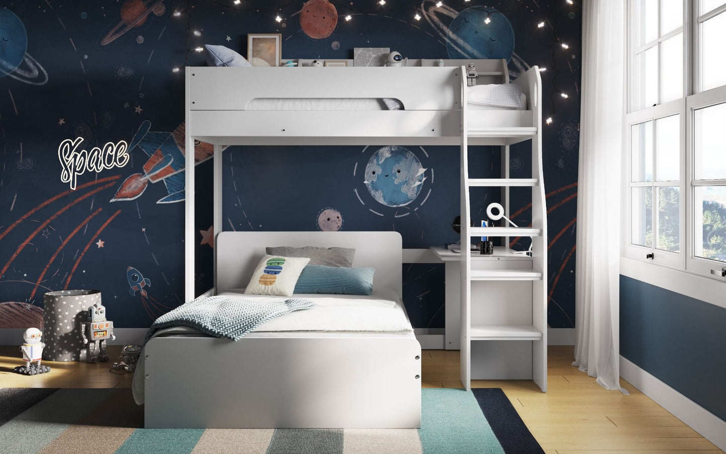 Flair Cosmic L Shaped Triple Bunk Bed with Shelving and Desk