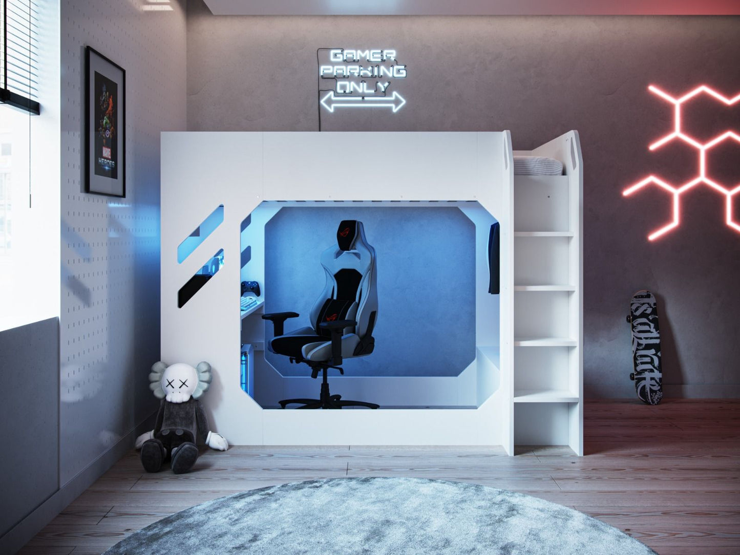 A sleek, modern gaming nook with a cozy vibe, complete with ambient lighting, a comfortable white and black gaming chair, and shelves for storage beneath a Recoil Shuttle LED Gaming High Sleeper Single bed, providing an immersive experience.